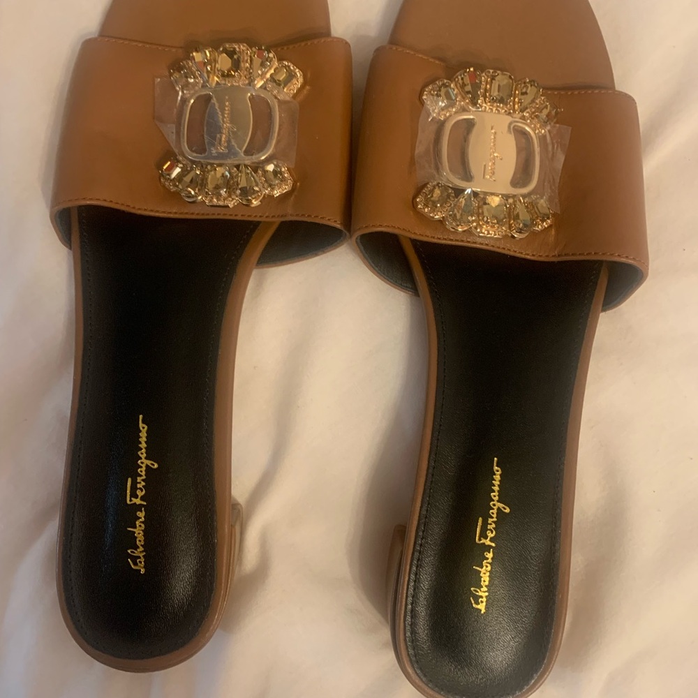 Salvatore Ferragamo Tan Leather Crystal Buckle Slide Mules